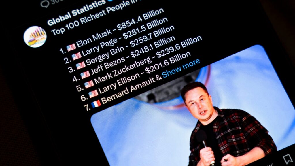 Smartphone screen displaying a Global Statistics post titled "Top 100 Richest People in" with a ranked list showing "1. Elon Musk. $854.4 Billion. 2. Larry Page. $281.5 Billion. 3. Sergey Brin. $259.7 Billion. 4. Jeff Bezos. $248.1 Billion. 5. Mark Zuckerberg. $239.6 Billion. 6. Larry Ellison. $201.6 Billion. 7. Bernard Arnault. Show more." A photograph of Elon Musk speaking onstage appears below the list.