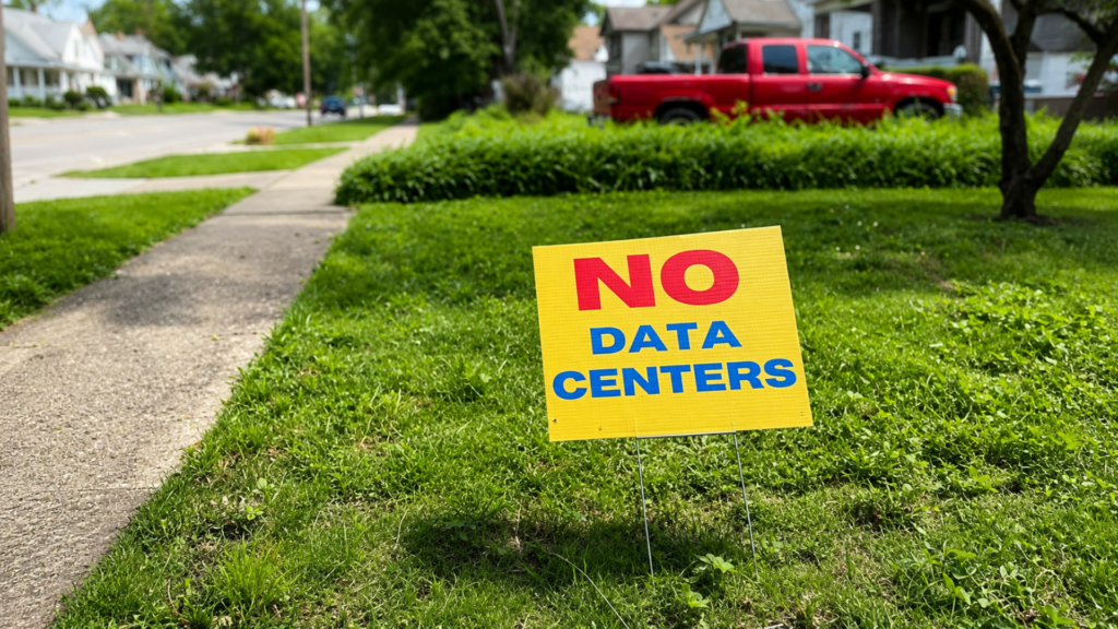 Yellow lawn sign reading “NO DATA CENTERS” displayed outside a residential neighborhood.