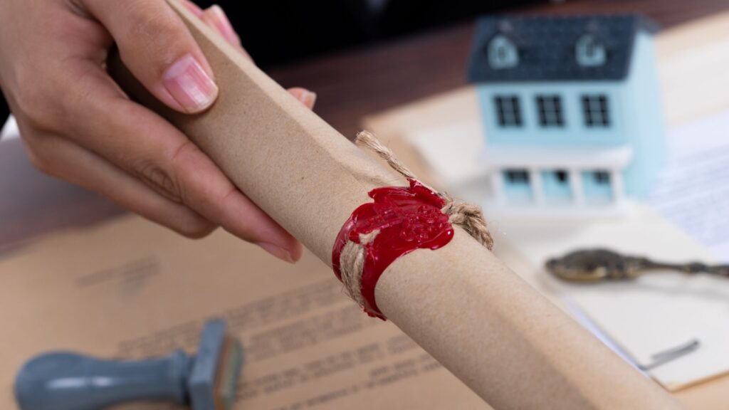 A hand holding a rolled deed-style document sealed with red wax, with a small house model and key in the background.